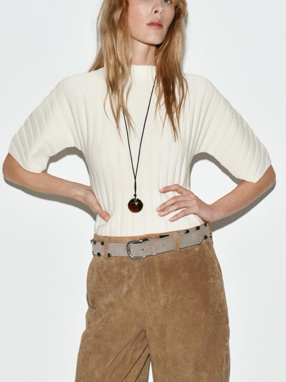 Zara NWT ivory Cream Ribbed Short-Sleeve knit Sweater structured Top - Picture 2 of 9